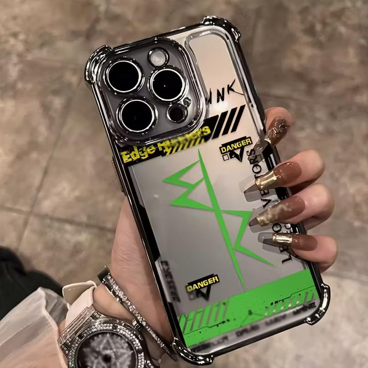 Cyberpunk Style Frame Pattern Phone Case for iPhone 17/16/15/14/13/12 Pro Max (15,Clear)
