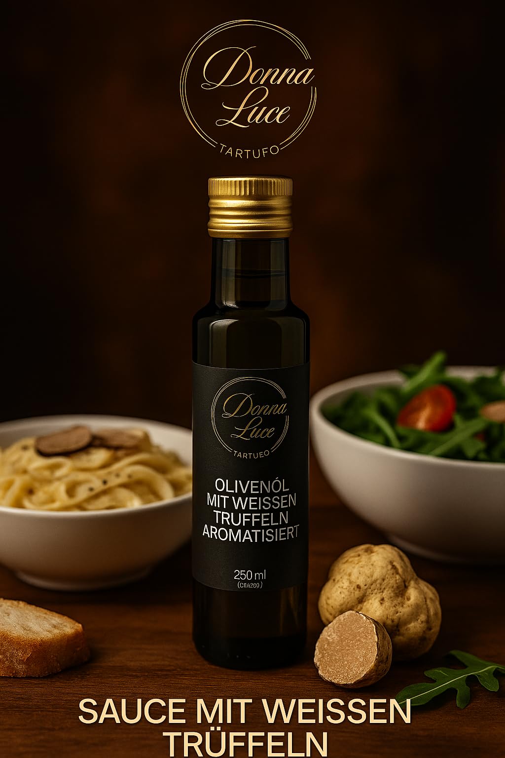 Donna Luce Trüffelöl mit weißen Trüffeln – Aromatisiertes Olivenöl – 250ml – Gourmet Feinkost – Intensiver Trüffelgeschmack – Premium Qualität