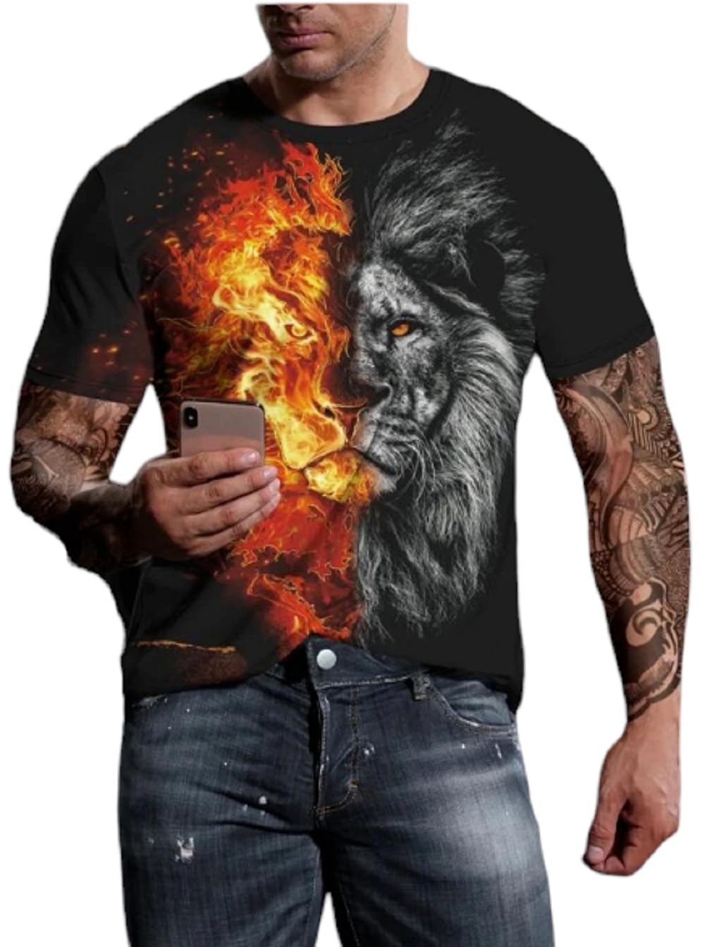Fierce Split Fire & Ice Lion T-Shirt | Dual Tone Flames & Monochrome Graphic Tee