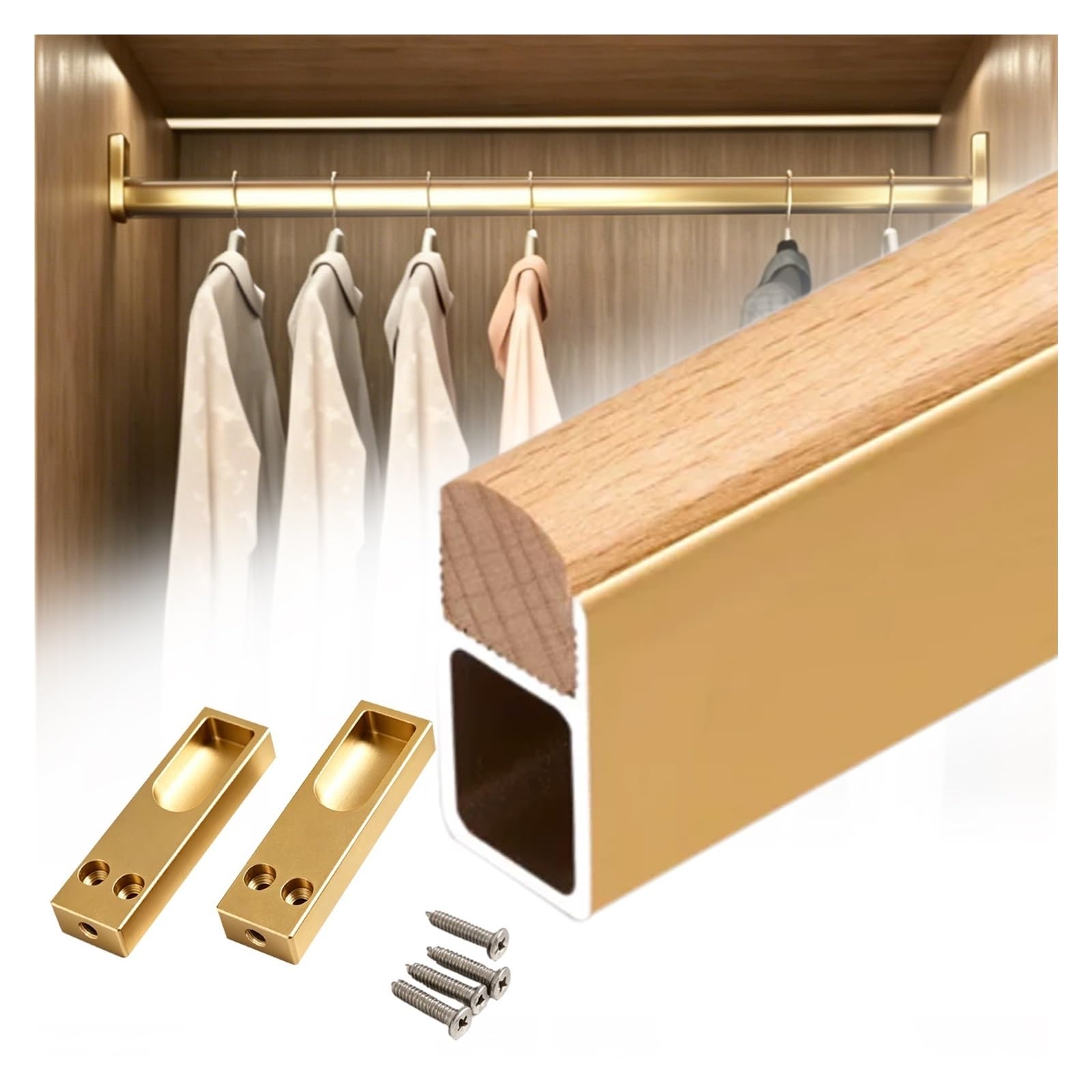 Anti Slip Wardrobe Rod, Clothing Store Bedroom Aluminum & Wood Closet Rods, Heavy Duty Garment Bar with Flange sets, Customizable & Cuttable(Gold,L 19.7"/50cm)