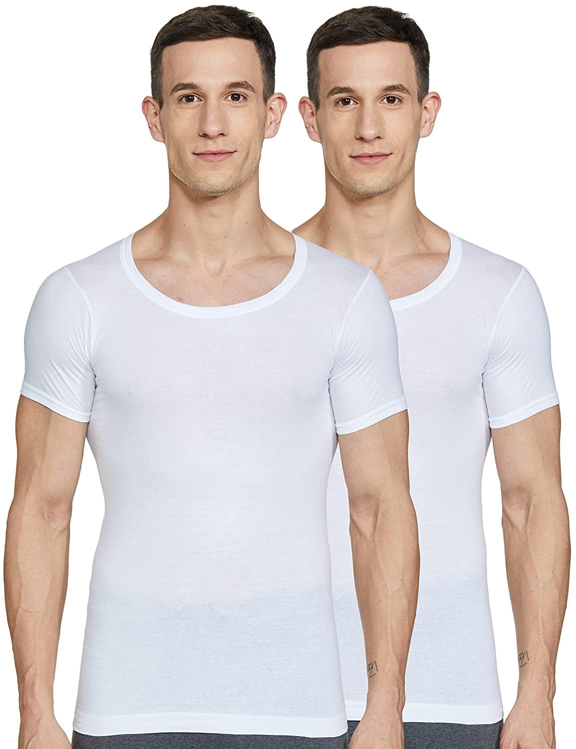 Dixcy Scott Originals Men's Regular Fit Solid 100% Combed Cotton Itch -Free & Comfortable Round Neck Short Sleeve White Under Shirt Basic Fit Vest Innerwear - (Pack of 2)
