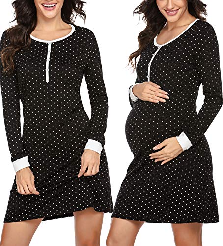 Meaneor_Fashion_Origin Nachthemd Damen Langarm Sleepshirt Knielang umstandmode für Krankenhaus Kurz Nachtwäsche Nachtkleid mit Knopfleiste Schwarz