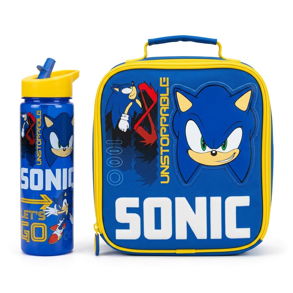 HOX Sonic The Hedgehog Kids Lunch Bag & 600ml Water Bottle Set – Insulated School Lunch Box with Leak Proof Flip Spout Bottle, BPA Free, Blue Sonic Lunch Set for Boys Girls
