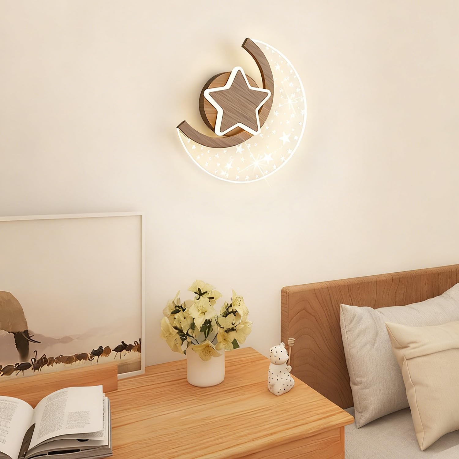 EOEO LED Mond Stern Wandleuchte Innen 12W Kinderzimmer Wandlampe aus Aluminium in Holzoptik 3000K/4000K/6000K Wand Nachttischlampe Junge Mädchen Kinder Wandbeleuchtung für Schlafzimmer Babyzimmer