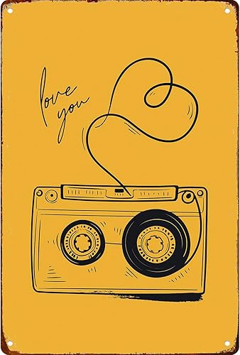 Cartel de cinta de casete retro color amarillo, letrero de metal amarillo, música retro de 8 x 12 pulgadas para sala de estar, dormitorio, cocina,