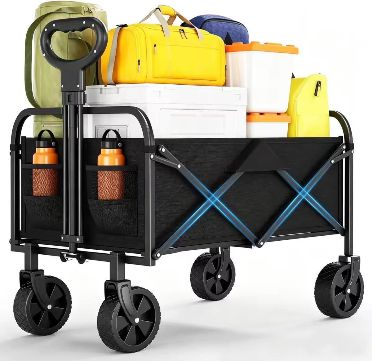 Aptliton Black Festival Trolley On Wheels, 220L/172Kg Folding Collapsible Wagon Trolley, Portable Camping Cart With 360° All-Terrain Wheels And Adjustable Handle & Side Pocket For Garden Trolley, Shopping Trolley