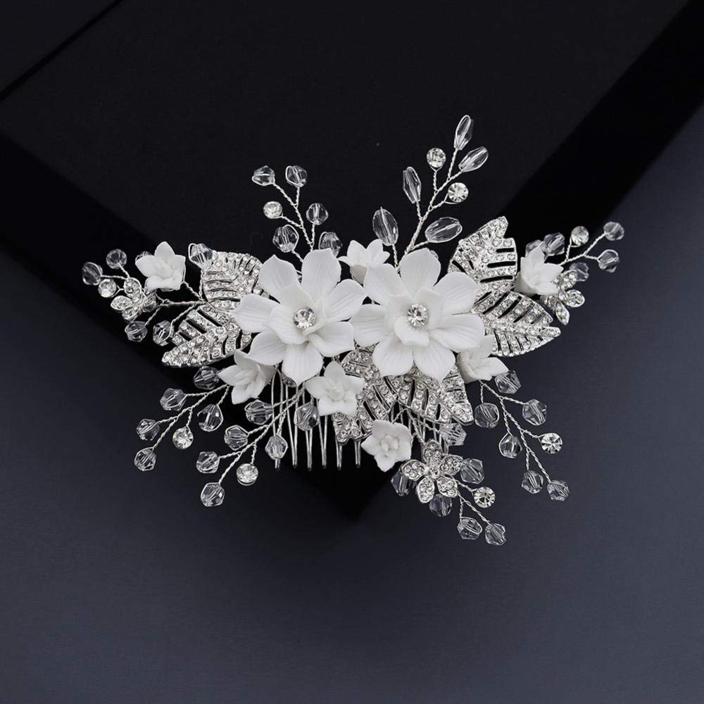 Braut Brautjungfer Haarkamm Clip Haarschmuck, Braut Blume Haarkamm Silber, Strass Vintage Seitenkamm, künstlicher Abschlussball Strand Haarschmuck für Frauen und Mädchen