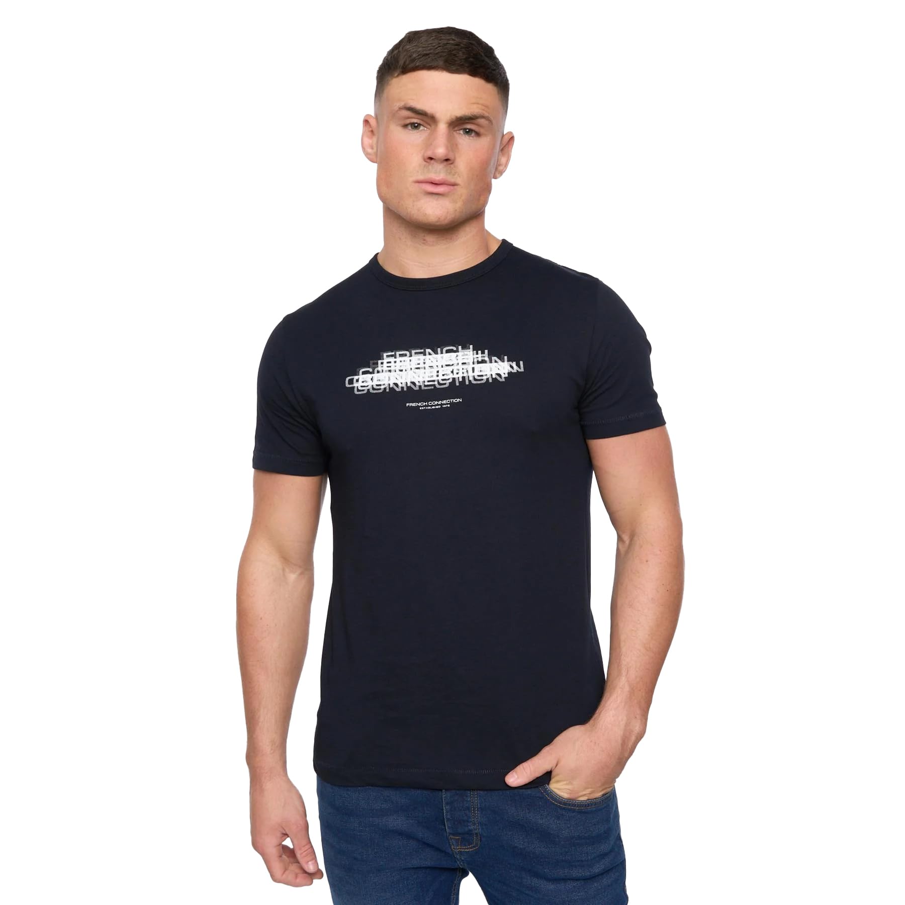 French Connection Men's Marine/White Double Logo Crew Neck Relaxed Fit T-Shirt M