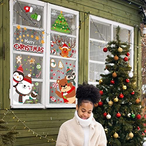 Christmas Window Stickers, Xmas Double Sided Window Clings, Large Reusable Christmas Scene Tree Reindeer Snowman Decorations for Home Shop Glass, Winter Party Decals, 9 Sheet 115pcs