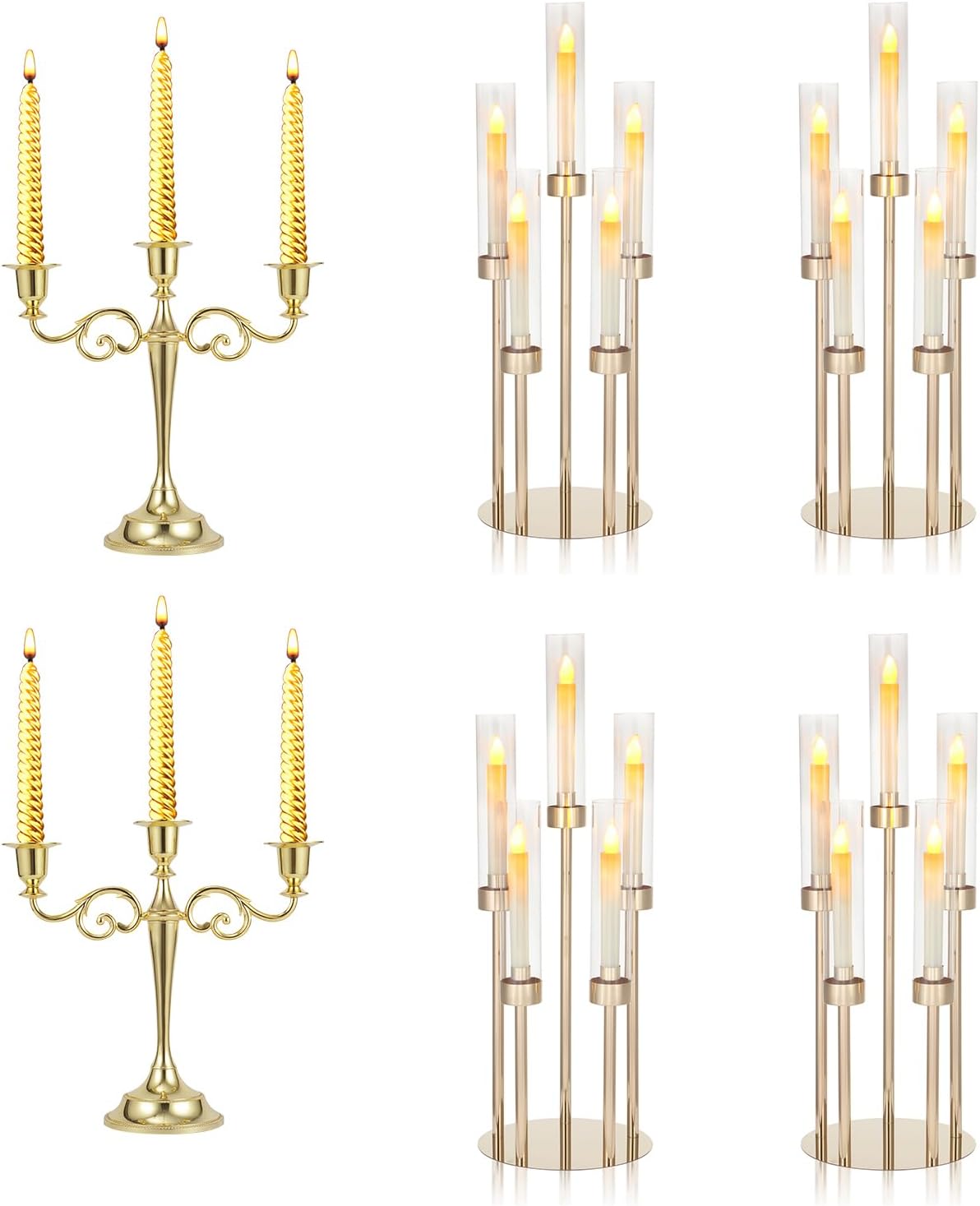 Dyna-Living 4 Set Floor Candelabras 5 Arm 26.8'' Tall Gold Candelabra with Acrylic Lampshade & 2PCS 3 arms Metal Candle Holders Gold Candlestick