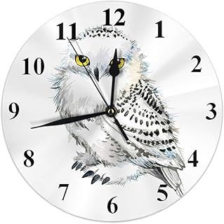 HGOD DESIGNS Owl Round Wall Clock,Cute Watercolor Animal White Snowy owl Silent Round Wall Clock Home Wall Decorative for Bedroom Office School Art(10