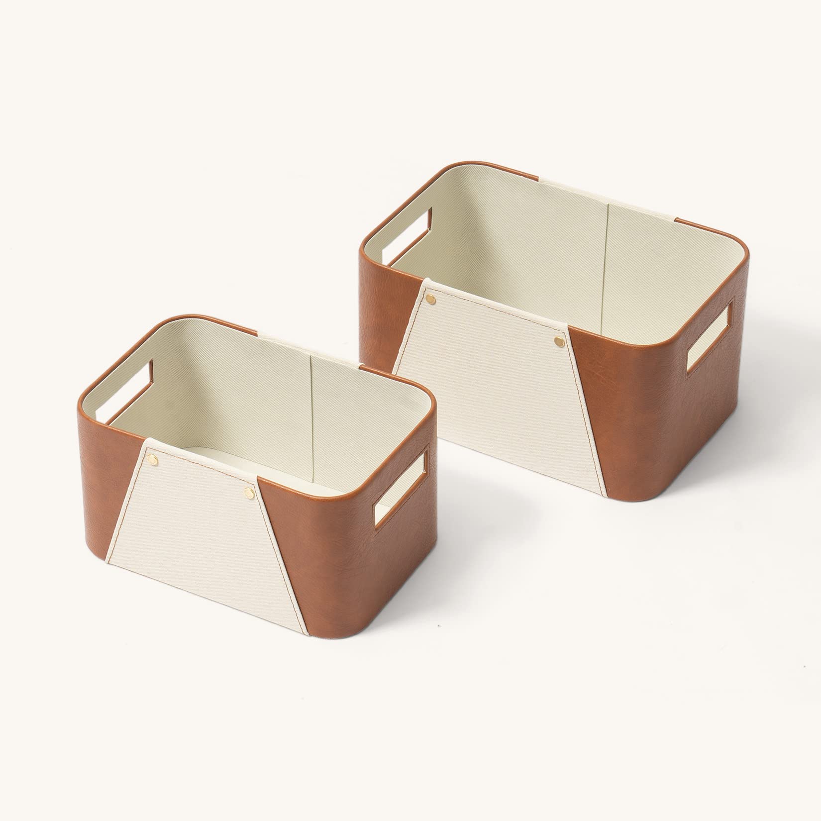 LA JOLIE MUSE - Cestas de almacenamiento para organizar, paquete de 2, cajas de almacenamiento de cuero vegano marrón de lujo y tela beige grisáceo para armario, estantería, estantería