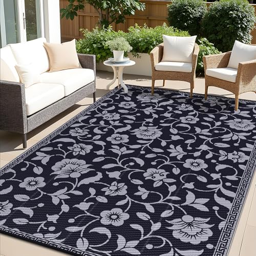 OLANLY Outdoor Rug 8x10 ft Waterproof Reversible Floral Mat, Black & Grey
