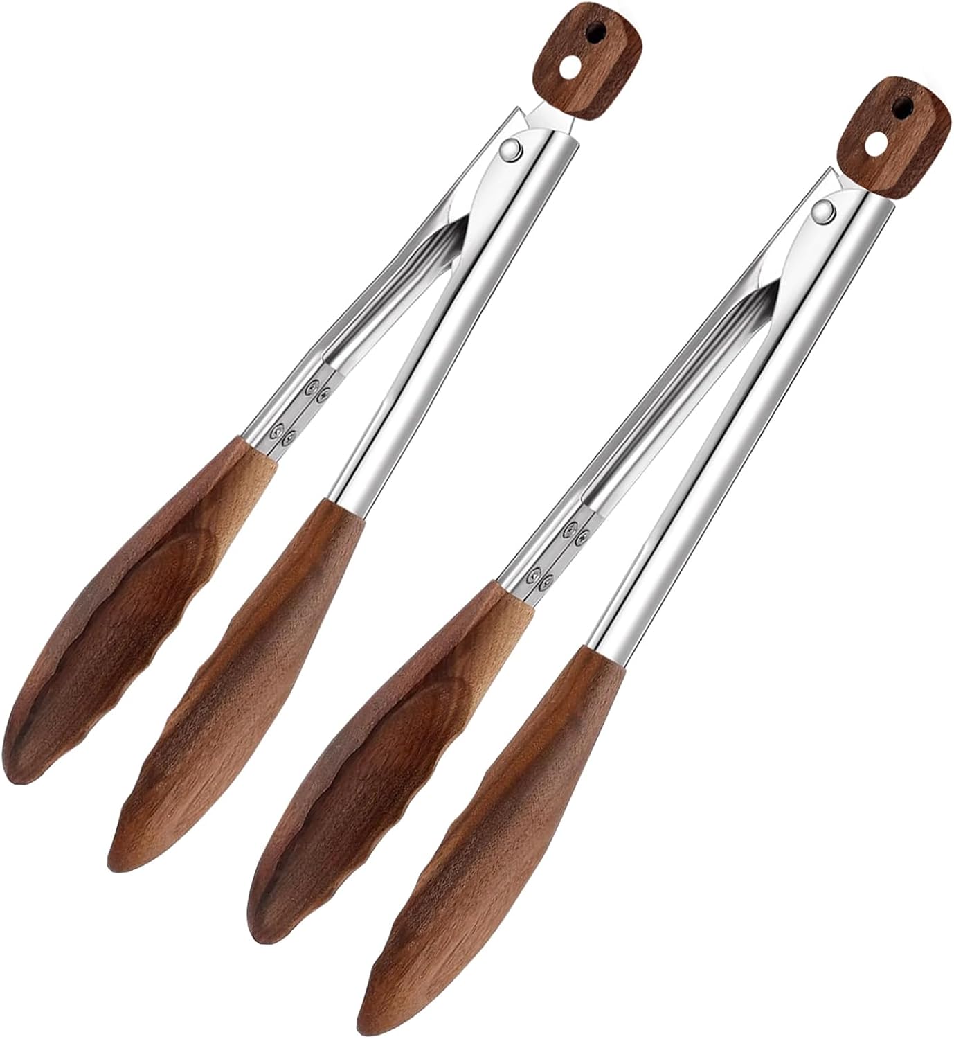 2 Pack Walnut & Stainless Steel Kitchen Tongs – 12" & 9" Wooden-Tip Cooking Tongs, Nonstick-Safe Salad/BBQ/Serving Tongs with Locking Handle & Hanging Hole