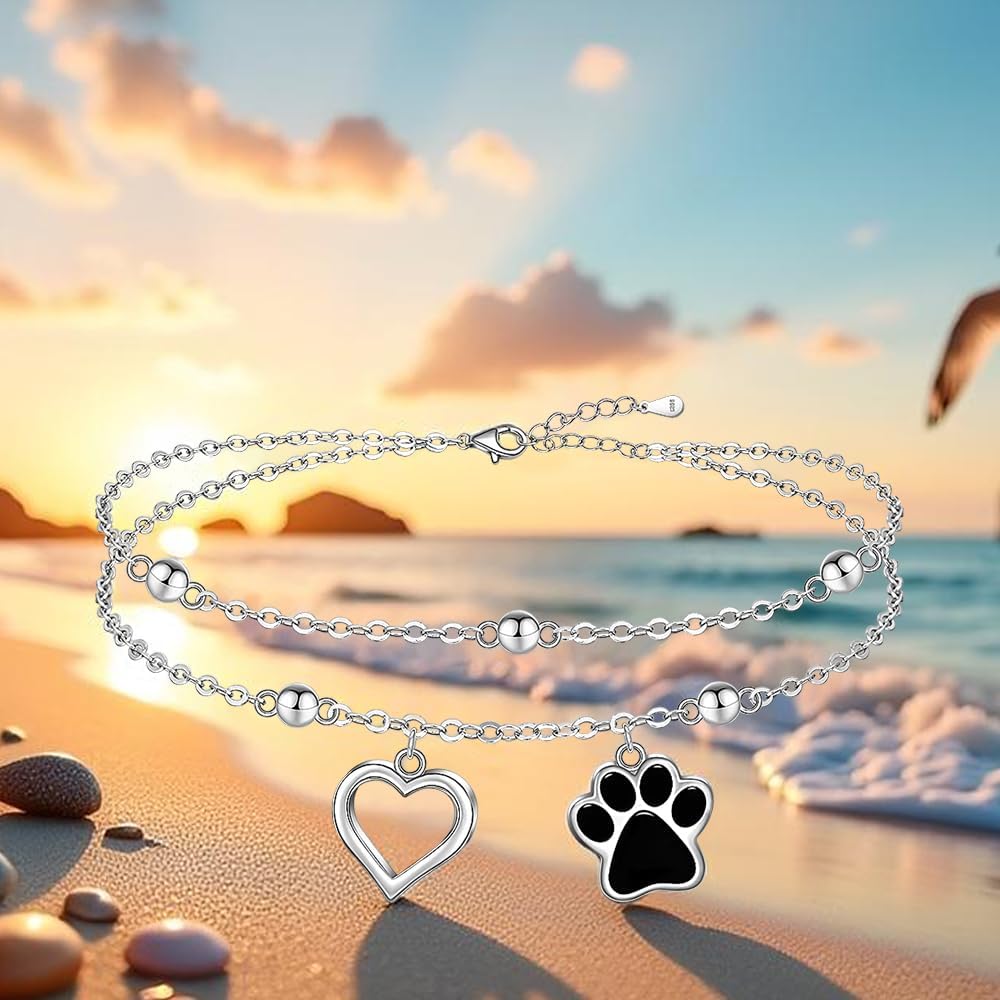 Ankle Bracelets for Women S925 Sterling Silver Heart Anklets Beaded Dog Paw Anklets Layered Jewelry Gifts - Image 9