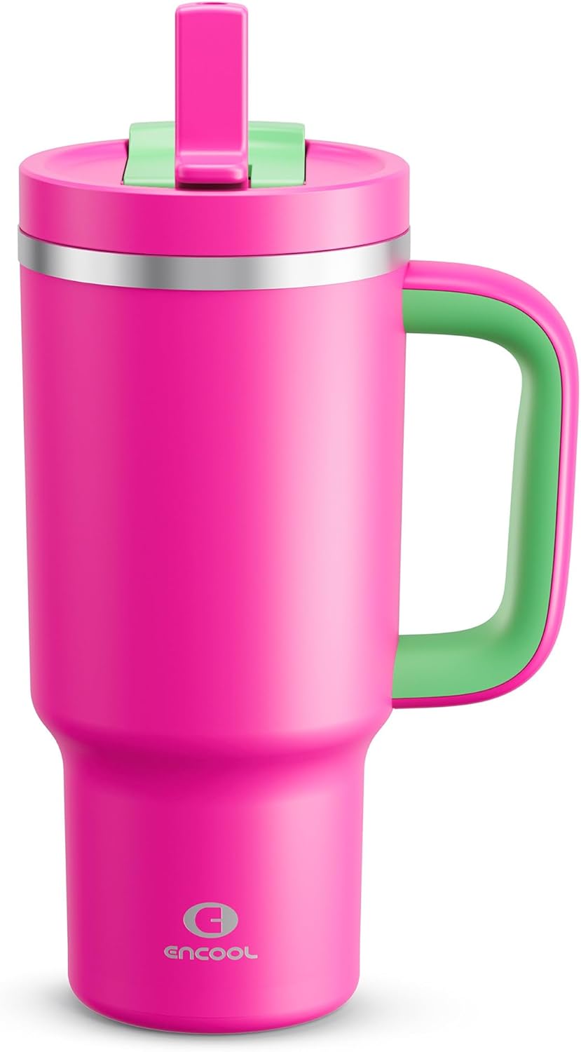 32 oz Tumbler with Handle and Straw: Stainless Steel Insulated Tumbler Keeps Cold for 24 Hours, Leakproof Travel Cup Fits in Cup Holder and BPA-Free,Knockout Pink