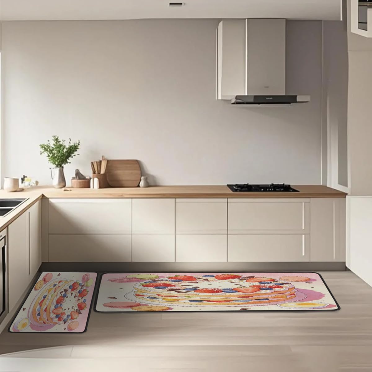 Anti Fatigue Layered Strawberry Cake Kitchen Mats for Floor 2 Piece Set, Waterproof Non Slip Boho Kitchen Floor Rugs, Comfort Standing Mat for Sink Laundry & Home Kitchen 17"x47"+17"x29"