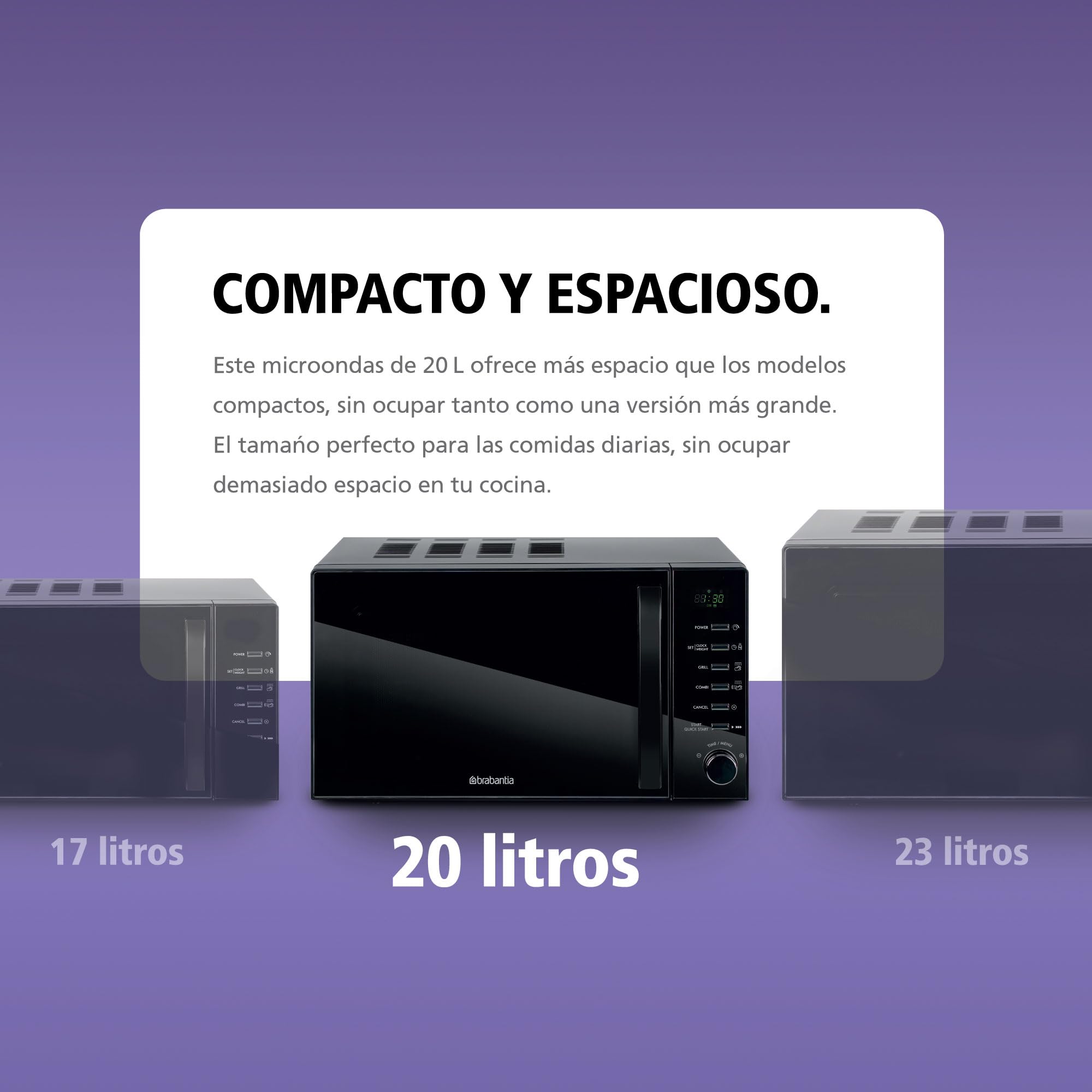 Microondas Brabantia con Función Grill, 20 Litros, Libre Instalación, 13 Programas Automáticos, 6 Niveles de Potencia, Temporizador Digital, Gran Capacidad, 700W, Negro, BBEK1145DG