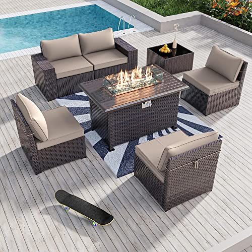 Kullavik 7 Pieces Outdoor Patio Furniture Set With 43" 55000Btu Gas Propane Fire Pit Table Pe Wicker Rattan Sectional Sofa Patio Conversation Sets,Sand #TOP30