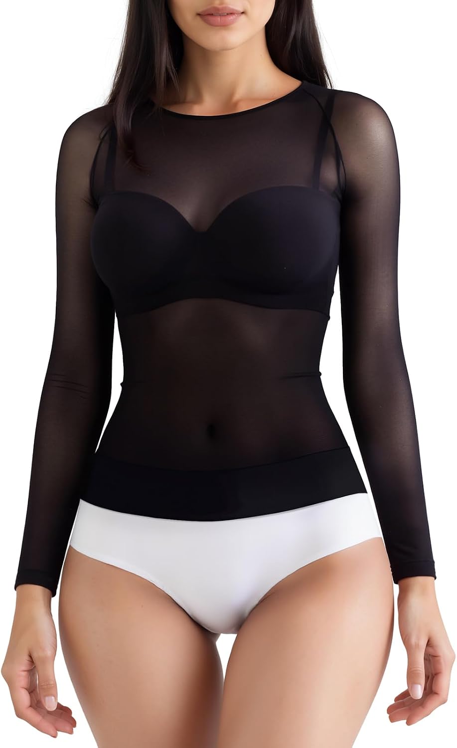 C4N Women's Sheer Mesh Crop Top See Through Long Sleeve T-Shirt Breathable Mesh Blouse Sexy Crew Neck Tops