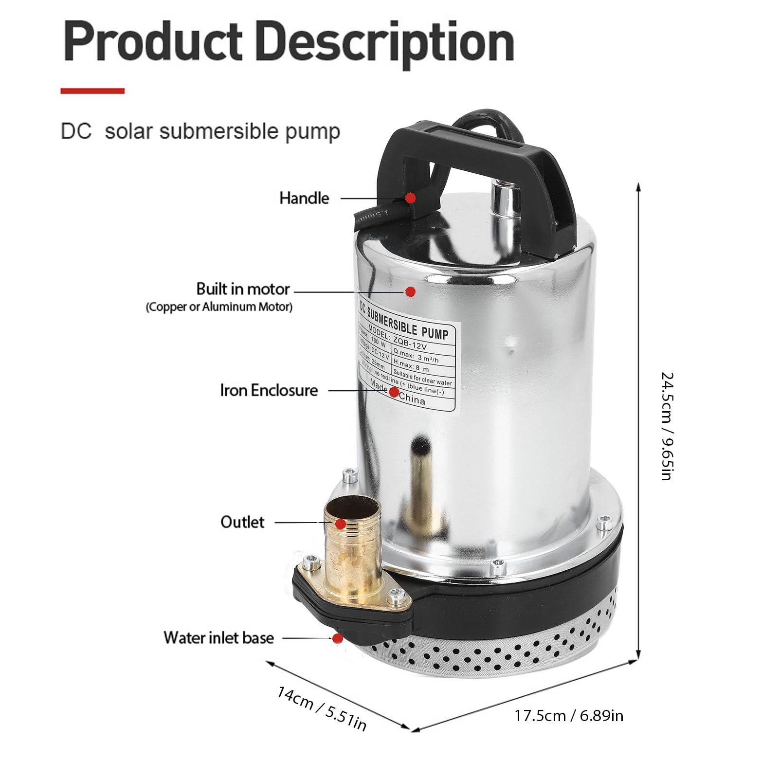 Submersible Water DC Submersible Pump 180W 8m 1 Inch Outlet Stainless Steel Housing Copper Motor Well Pump for Garden Pond Pool DC12V