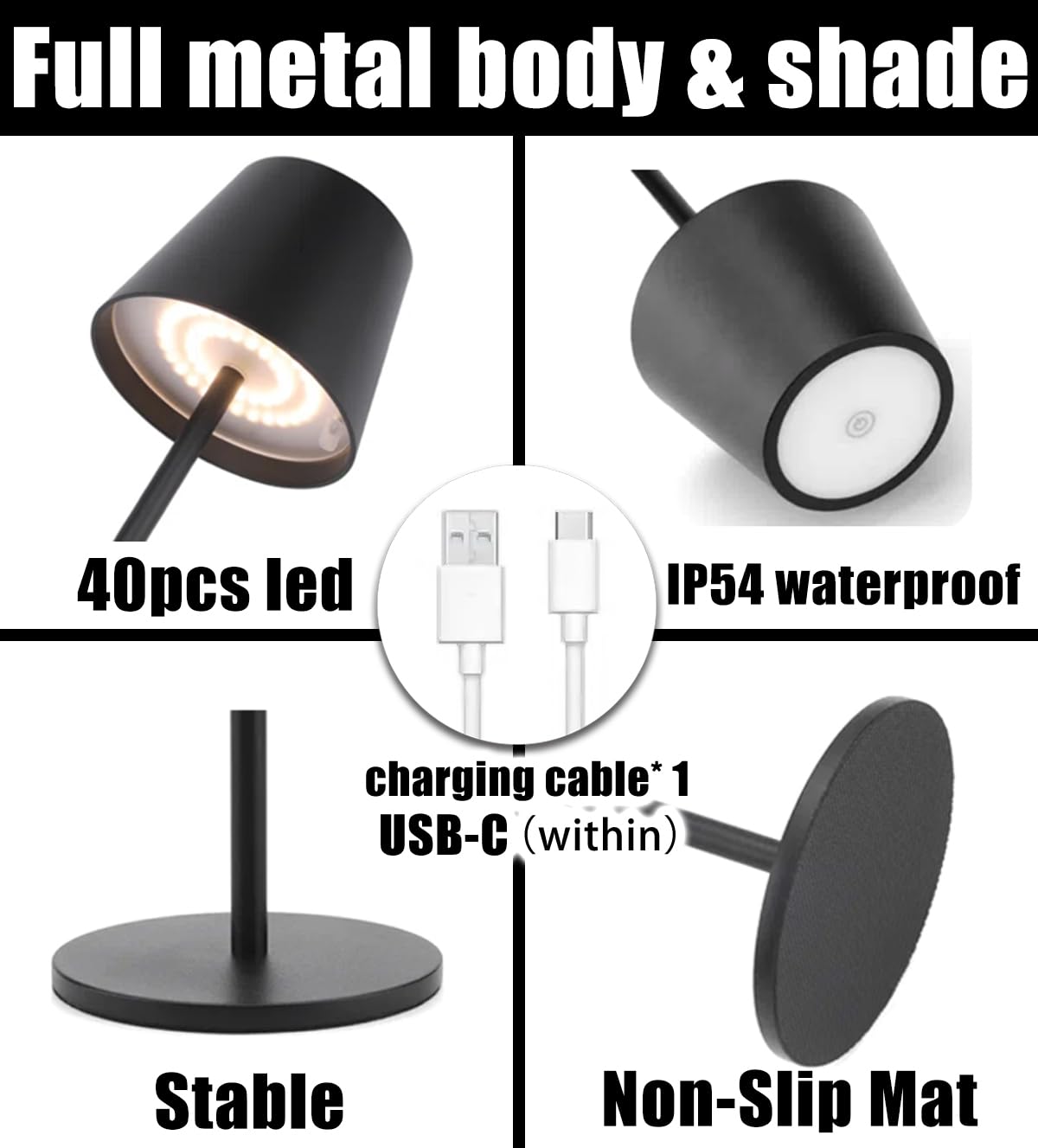 2 Pièces Lampe de Table Sans Fil Rechargeable Led, Tout Métal Lampe Sans Fil Rechargeable 5000mAh, 3 Températures de Couleur, Contrôle Tactile pour Chevet, Interieur, Exterieur