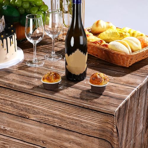 Image of Tatuo 6 Packs Natural Wood Grain Tablecloths Rustic Plastic Table Covers for Rectangle Table, Vintage Farmhouse Style Tablecloth Decorations for Western Barn Themed Birthday, 54 x 108 Inch (Brown)