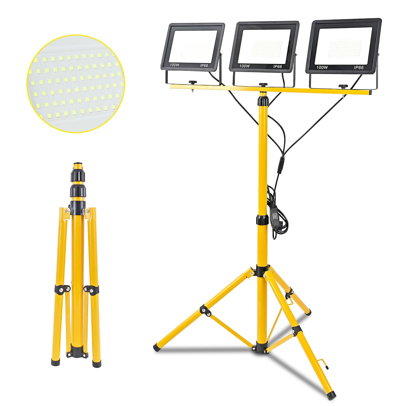 300W Projecteur LED Chantier avec Trépied Télescopique en Réglable, 30000LM Lampes de TravailF, Étanche IP66 Lampe Chantier Projecteur sur Pied, Câble 3M pour Garage, Chantier de Construction
