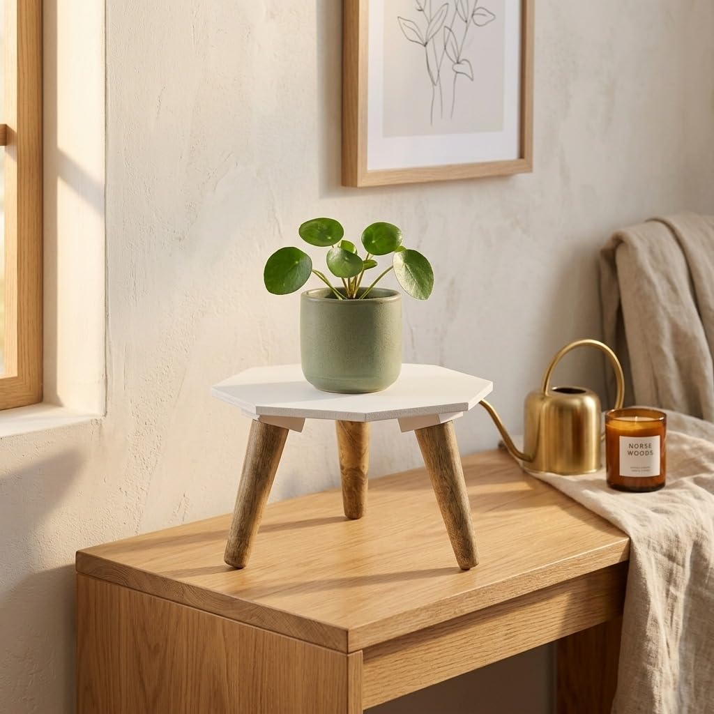 Hexagonal Plant Stand with Wooden Legs, Wooden Plant Stand | Table for Indoor Plants, Stool for Holding Flower Pots, Vase and Outdoor Plants | Side Table Home Decoration | Black & White-image-7