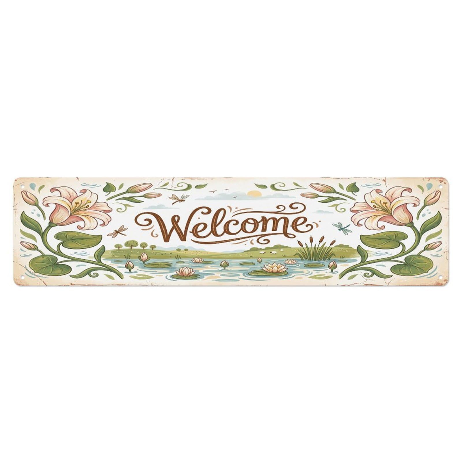 Vintage Welcome Lily Pond Metal Tin Sign