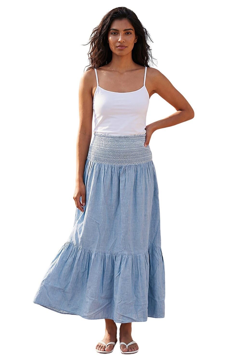 Roman Originals Women's Plain Blue Gypsy Maxi Skirt For Uk Tiered Bohemian Long Ankle Length Cotton Elasticated Waistband High Waist Monochrome Lounge Lightweight Holiday - Size 16