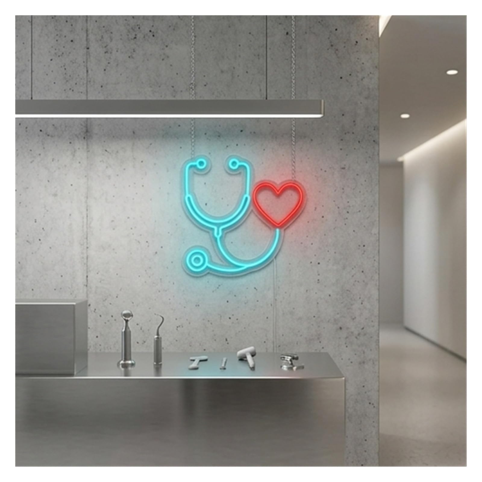 Wiszące neony artystyczne Neon Stetoskop, Lampa, Dekoracja Apteki, Szpitala, Kliniki, Gabinetu Lekarskiego, Pediatry 40x38.7cm