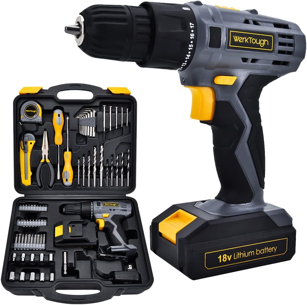 Werktough 77PCS 18/20V Cordless Drill Screwdriver Tool Set in Toolbox Storage Case Tool Kit Home Repair Set Father Day Gift Box Combo Kit Home Improvements