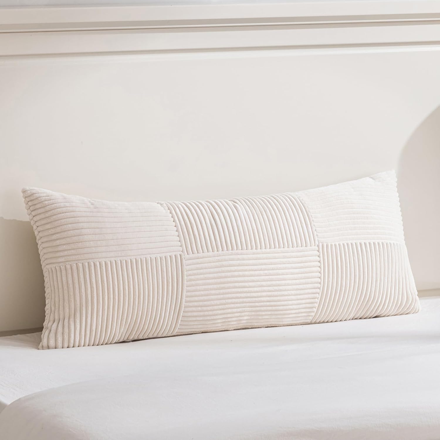 Fancy Homi Set of 1 Cream Boho Long Lumbar Body Decorative Throw Pillow Cover 21x54 Inch for Bed Couch Bedroom Bench, Soft Patchwork Corduroy Textured Pillow Case, Rustic Farmhouse Room Decor