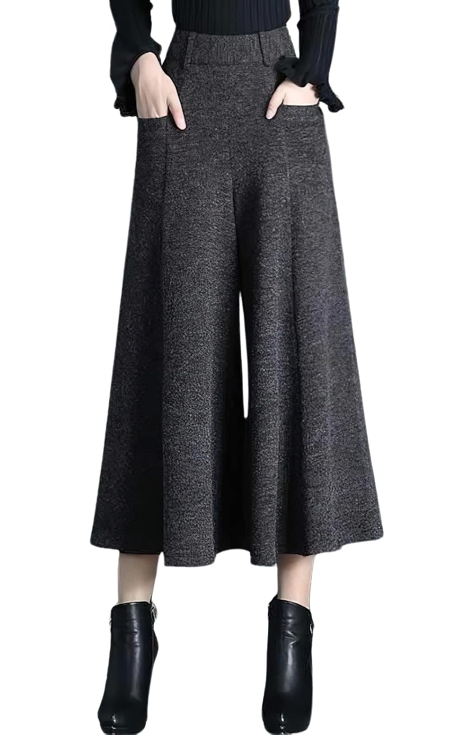 chouyatou Womens Wool Blend Culottes Capri Cropped Pants Pleated High Waist Wide Leg Palazzo Trousers