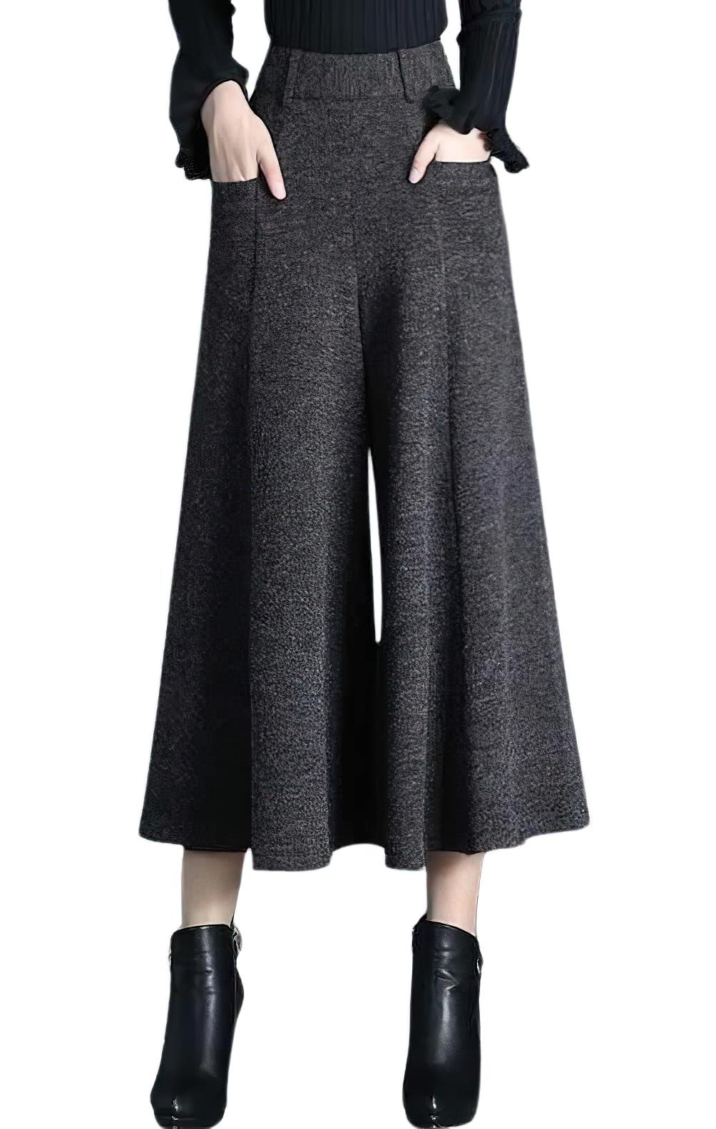 chouyatou Womens Wool Blend Culottes Capri Cropped Pants Pleated High Waist Wide Leg Palazzo Trousers
