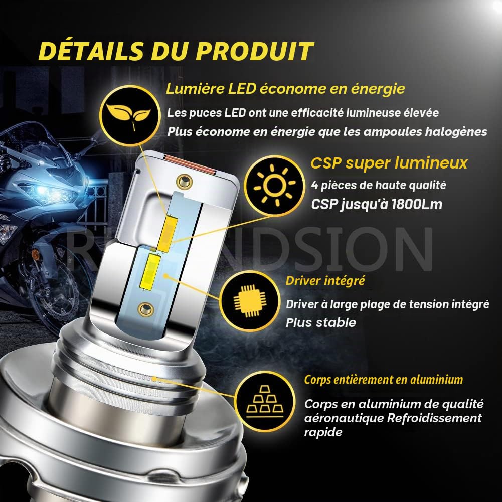 Ruiandsion P45T H5 R2 Ampoule de phare LED blanche/jaune DC 10-30V Super lumineuse avec puces LED CSP 4SMD pour phare avant auto moto