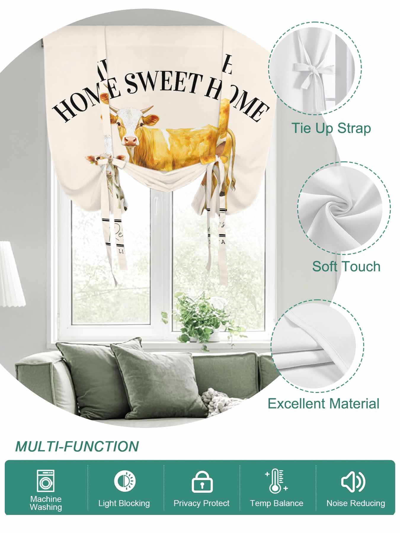 Tie Up Curtains for Windows Farmhouse Cow Roman Shade 42 x 63 Inch Bathroom Curtains Window Vintage Animal Life Better Abstract Text Rod Pocket Short Balloon Curtains for Living Room Kitchen Blinds