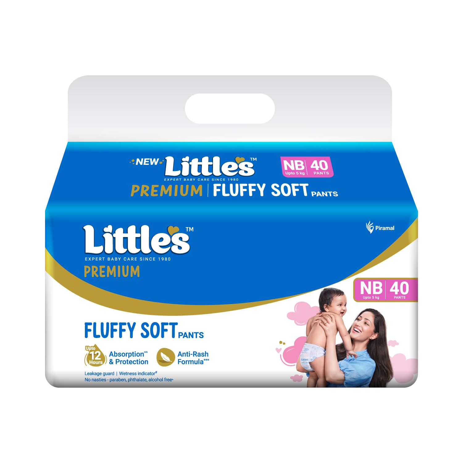 Little's Baby Pants Diapers with Wetness Indicator and 12 Hours Absorption, New Born, White, upto 5 kgs, 40 Count