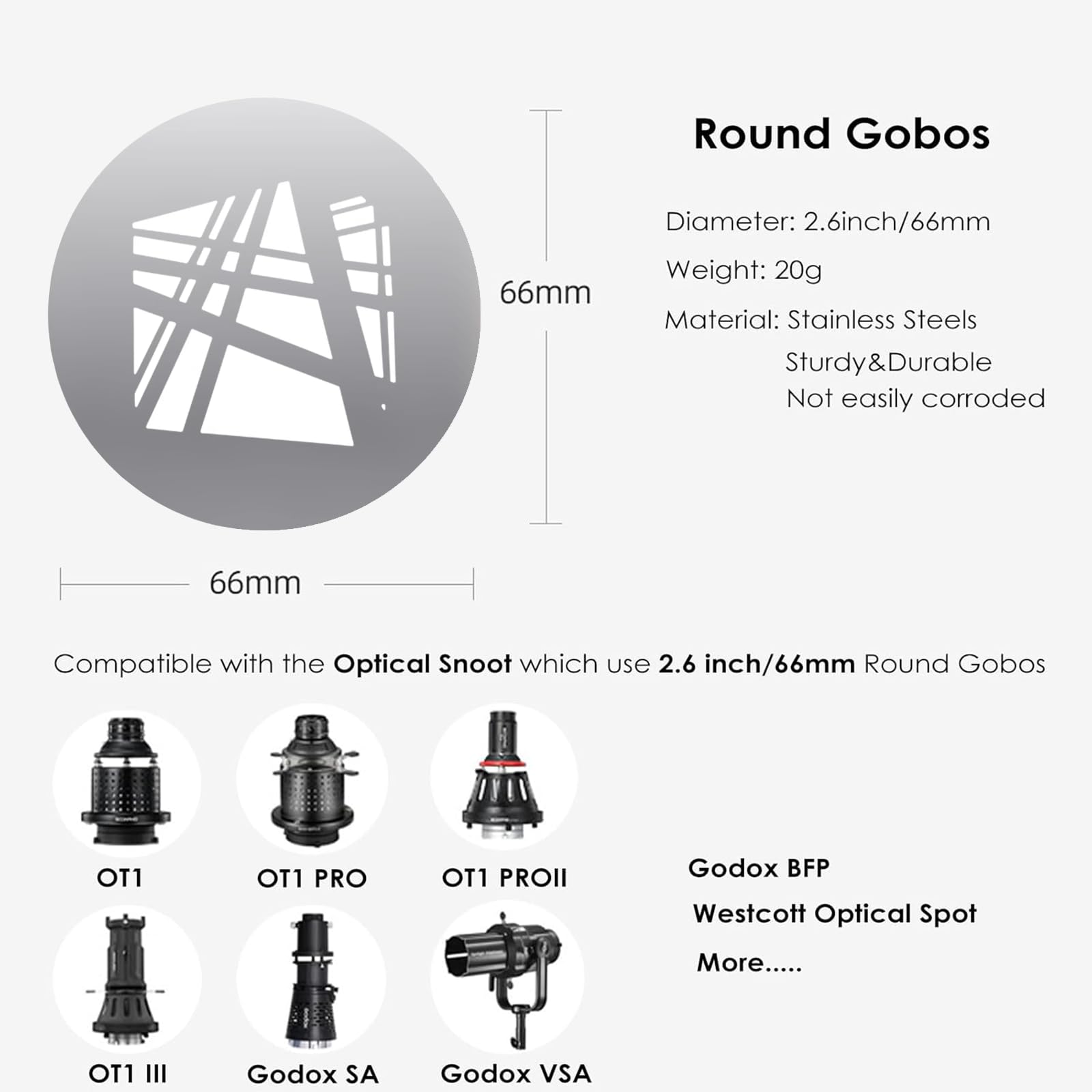 Kit de 18 Gobos ronds pour snoot optique, 66 mm, motifs de plaque métallique pour fixation de projecteur, compatible avec Godox BFP/OT1/OT1 Pro/II/Westcott Optical Spot/Aputure SE, pour portraits