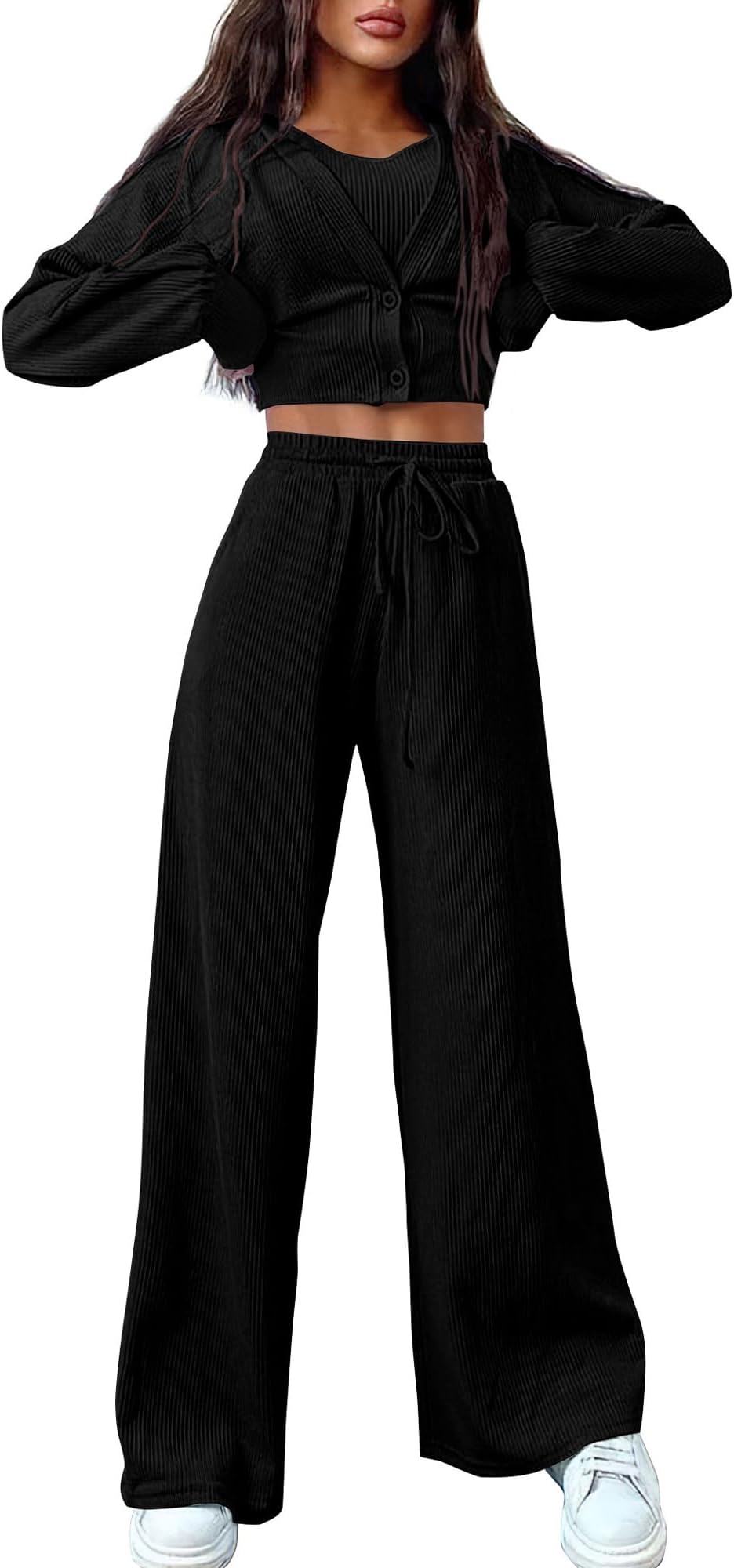 BTFBM3 Piece Outfits Casual Knit Matching Sets Spring Summer Clothes Cardigan Cropped Tank Tops Wide Leg Pant Tracksuit