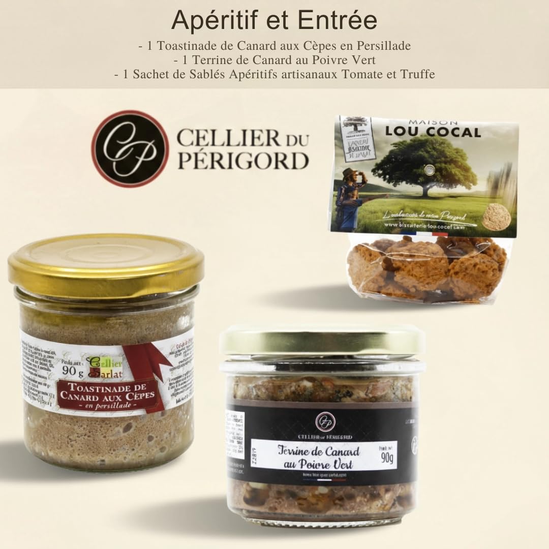 Cellier du Périgord Coffret Haute Gastronomie 2025 : pâté foie de canard 20%, terrine poivre vert, toastinade cèpes, vin blanc moelleux Bergerac AOP 37,5 cl