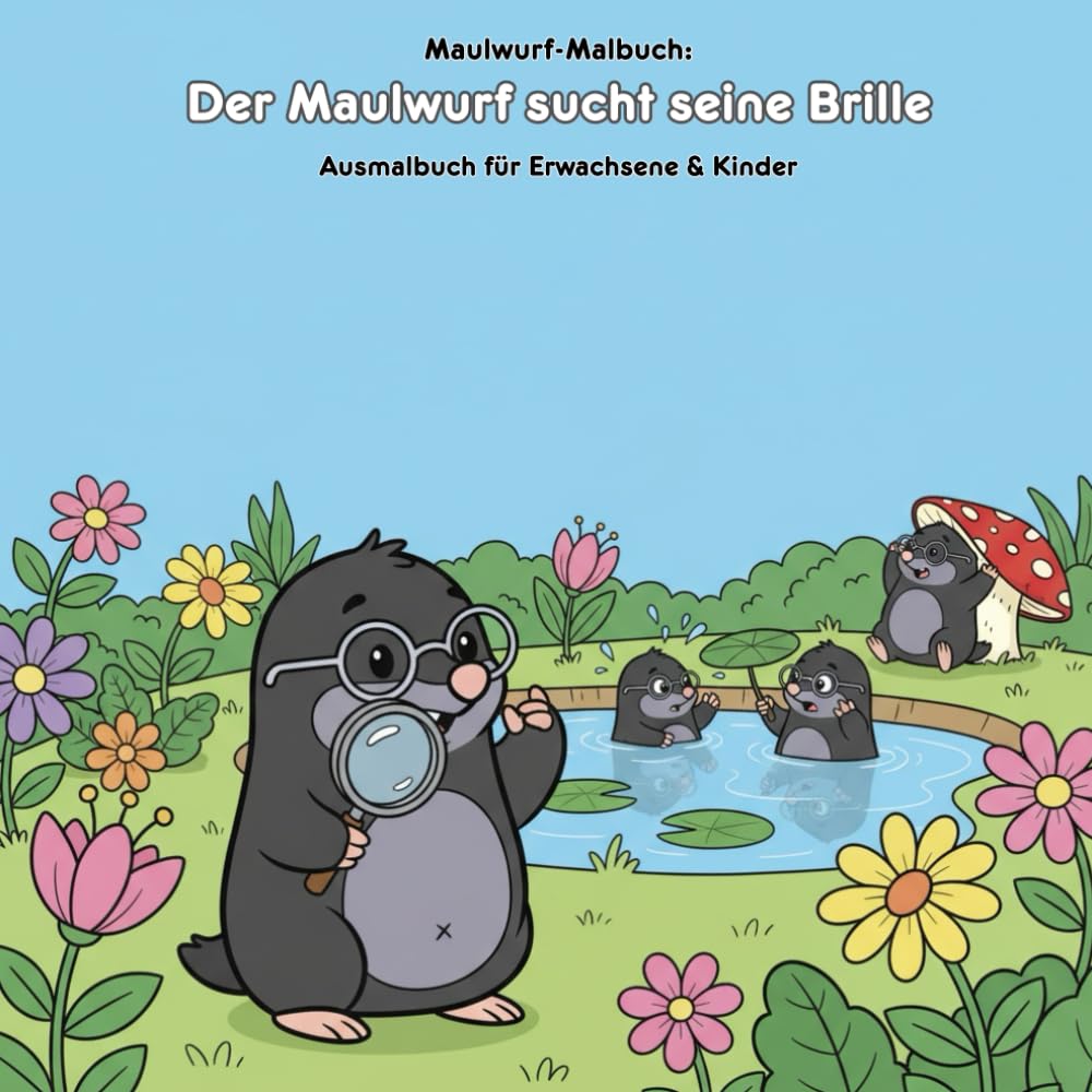 Der Maulwurf sucht seine Brille: Eine Geschichte & Malbuch: Für Erwachsene & Kinder: 36 Ausmalbilder, 21.59 x 21.59 cm – Eine lustige Maulwurf-Geschichte & Große Motive für kleine Künstler