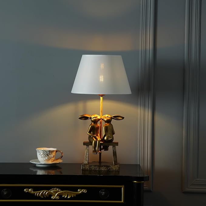 NorDiem Cute Kissing Rabbit Table Lamp, H16,Resin Bunny Desk Light with Fabric Shade,Vintage Gold Office Study Bedside Lamp (16" White Shade) photo 2