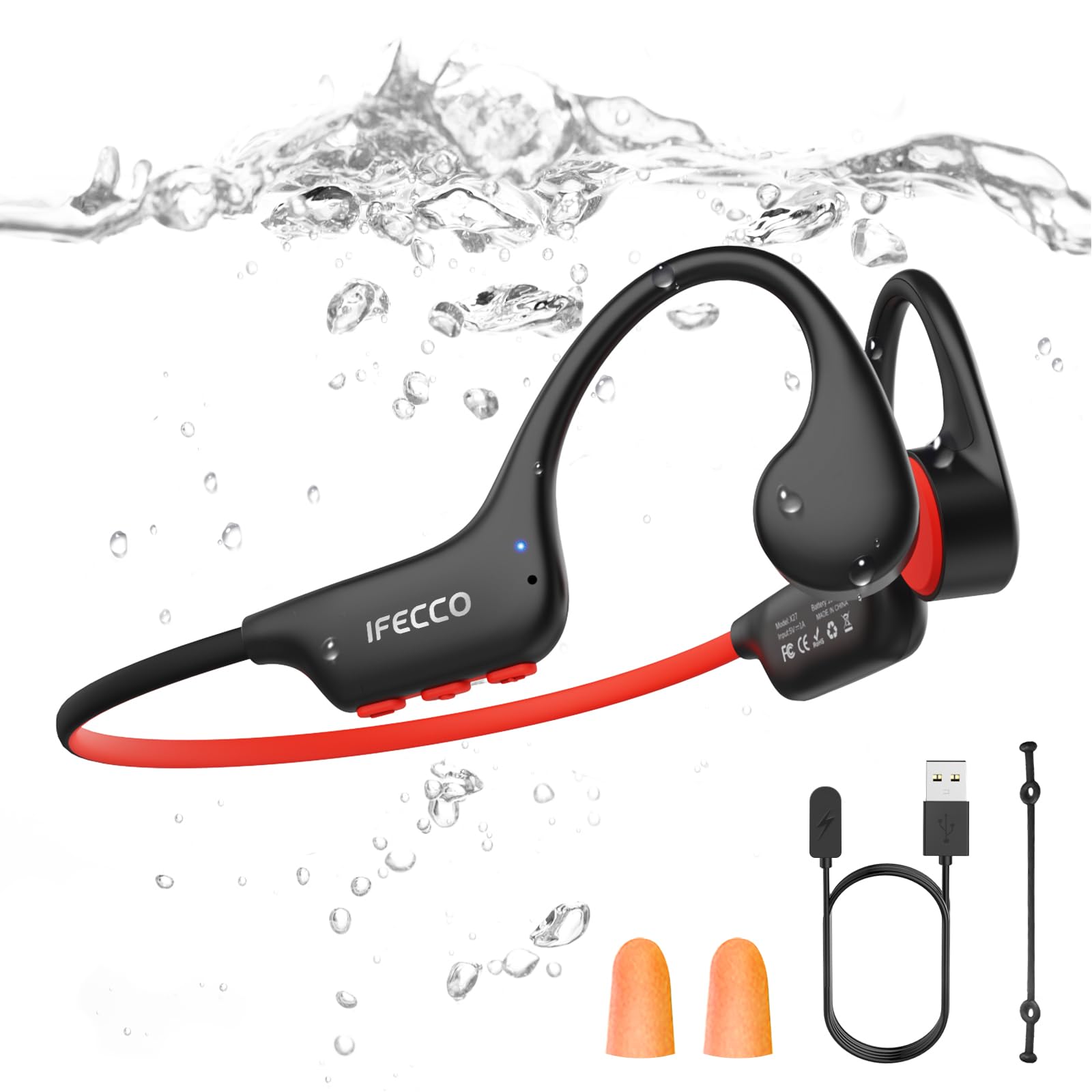 IFECCO X27 Bone Conduction Headphones in black and red, shown in water with IP68 waterproof logo.
