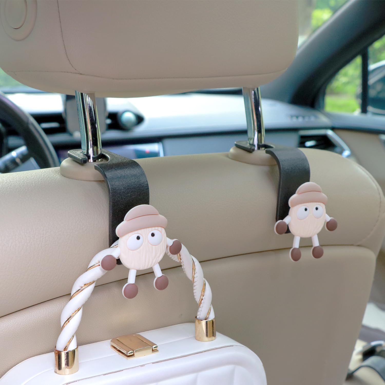 MaPctSy Car Seat Headrest Hooks for Purses and Bags Cute Plush Soot Sprite with Hat, Universal Vehicle Car Storage Organizer for Handbag 2pcs (off-white)