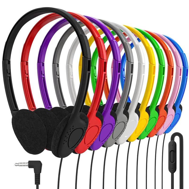 Maeline Bulk Classroom Headphones with Microphone 10 Pack Multicolor Wired On-Ear Headsets Adjustable 3.5mm Plug Individually Wrapped for Schools Libraries & Labs
