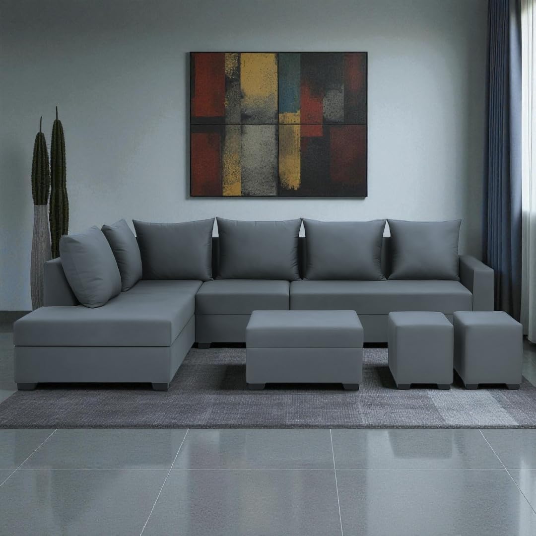 FURNY Gloria 8 Seater Fabric LHS L Shape Sofa Set with 1 Centre Table & 2 Puffy (Dark Grey) | Premium Velvet Finish | Durable Comfort | Ideal for Living Room FURNY Gloria 8 Seater Fabric LHS L Shape Sofa Set with 1 Centre Table & 2 Puffy (Dark Grey) | Premium Velvet Finish | Durable Comfort | Ideal for Living Room