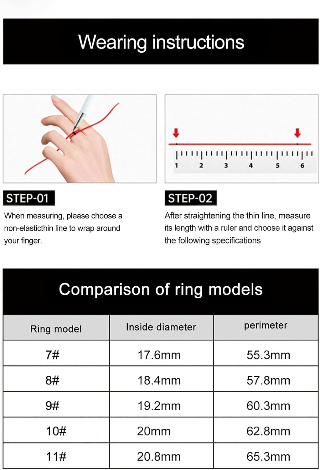 Diagram showing how to measure finger size for the smart ring, and a table comparing ring models with inside diameter and perimeter.