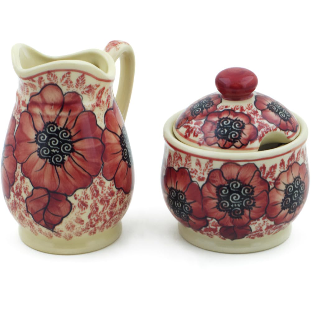 Ceramika Bona Polmedia Polish Pottery Cream & Sugar Set UNIKAT - Sugar Plum Poppies Pattern Handmade in Boleslawiec Poland Certificate of Authenticity
